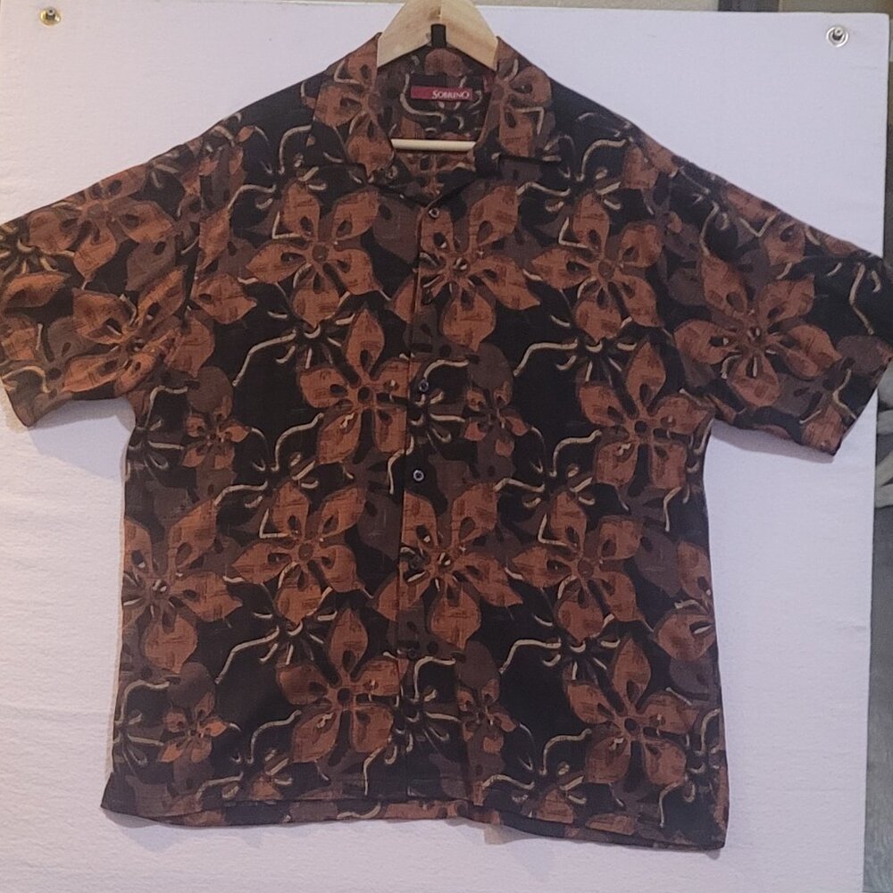 SOBRINO Men's Shirt XL Short Sleeve Button Front Hawaiian Floral Brown Black